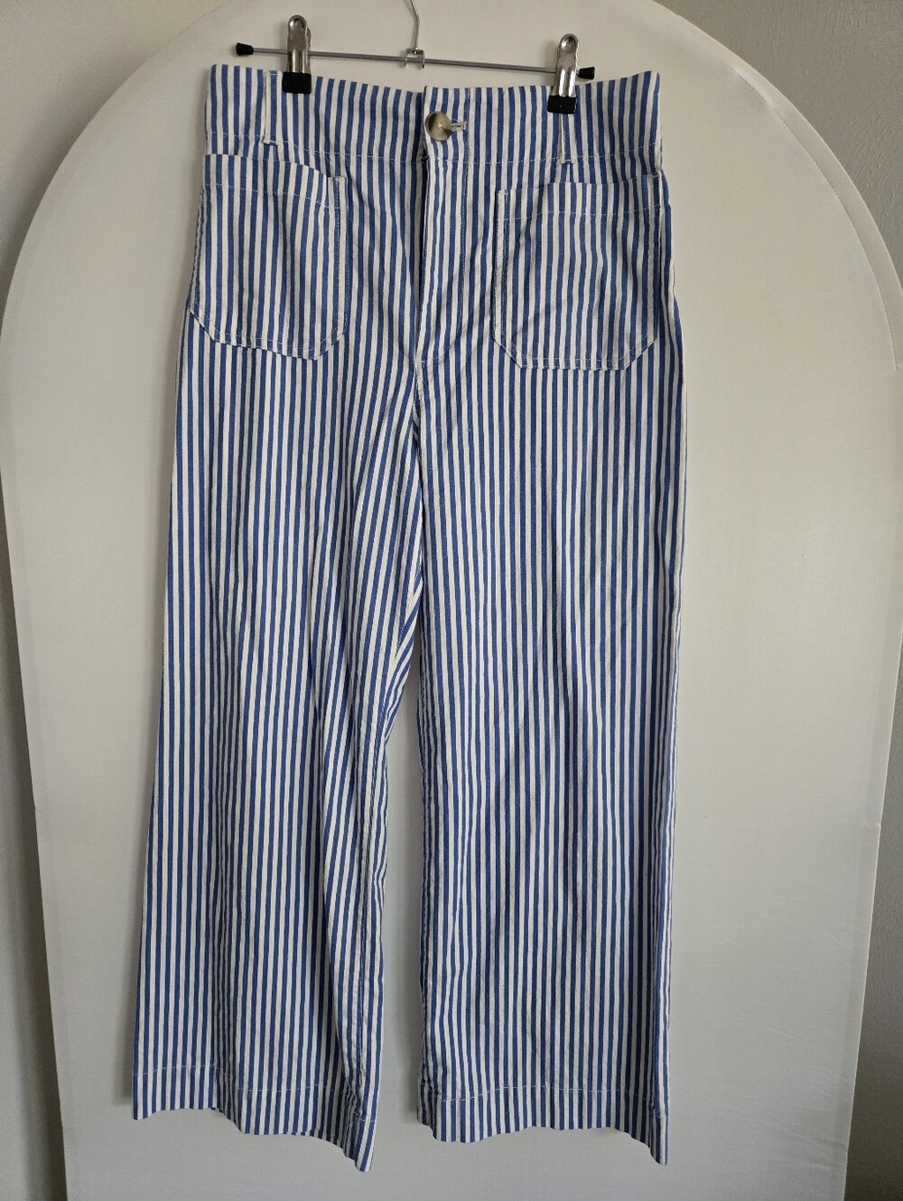 Maeve Blue and White Striped Boot-Cut Pants